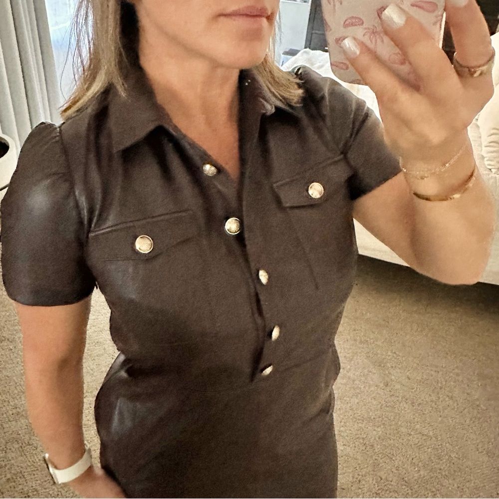 | loft • chocolate faux leather pocket mini dress • size 4 | - Picture 4 of 9